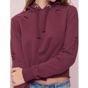 Garage Clothing Cropped Burgundy Distressed Hoodie